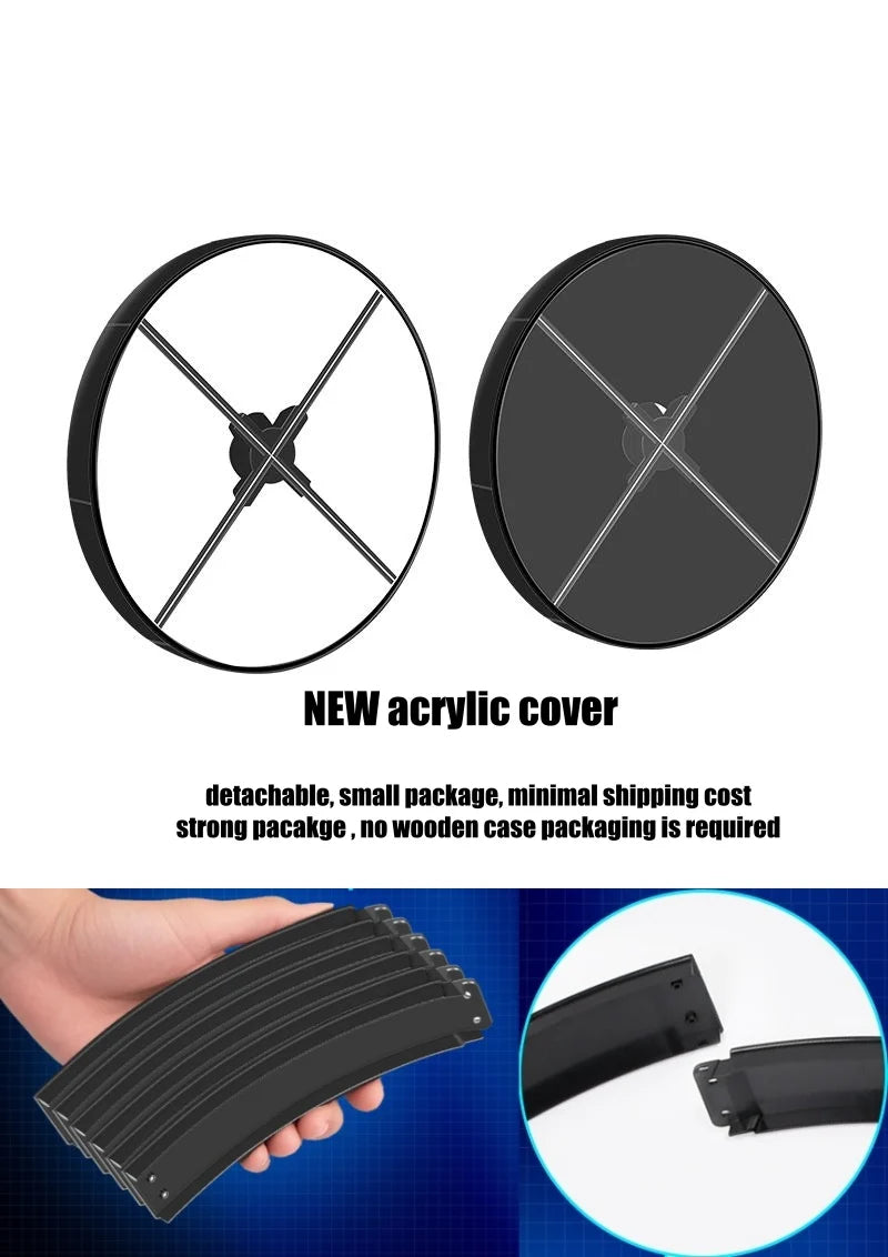 FLA Series Medium Size 52cm to 64cm (20.5–25.2 inch) | 3D Holographic LED Fan | Fan Only / Desktop Stand / Transparent Protective Cover / Black Protective Cover | Shop Display Holographic Fan | 4 Blades