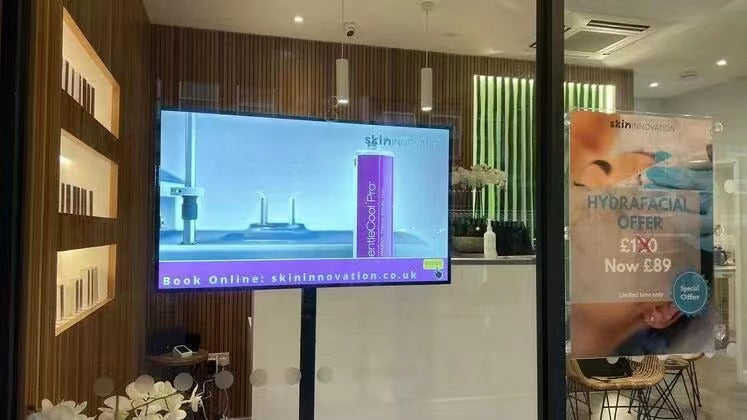 43" Double-Sided High Brightness LCD Window Display, 2500nits Front + 700nits Back, Android 2+32G, Non-Touch, Cloud/APP/USB, Hanging/Floor Stand