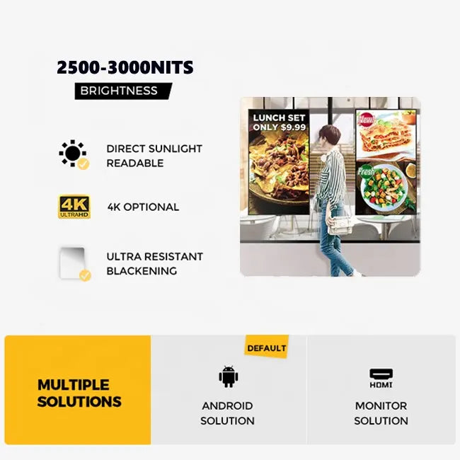 49" Single-Sided 2500nits High Brightness LCD Window Display, Android RK3568 2G+32G, Non-Touch, Cloud/APP/USB, Wall-Mount/Floor Stand/Suspended Installation