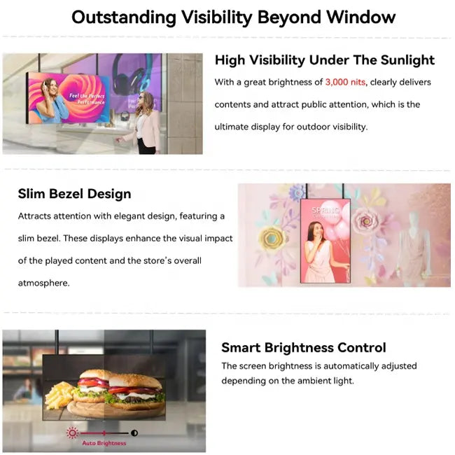 49" Double-Sided High Brightness LCD Window Display, 2500nits Front + 700nits Back, Android 2+32G, Non-Touch, Cloud/APP/USB, Hanging/Floor Stand
