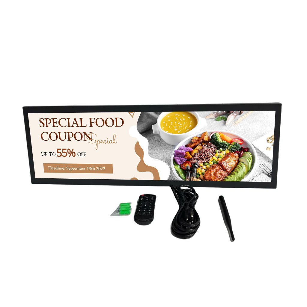 28.1 Inch Android Stretched LCD Bar Display – 698.5×140mm Viewable Shelf Screen | Cloud Platform / App Control / USB Media Playback