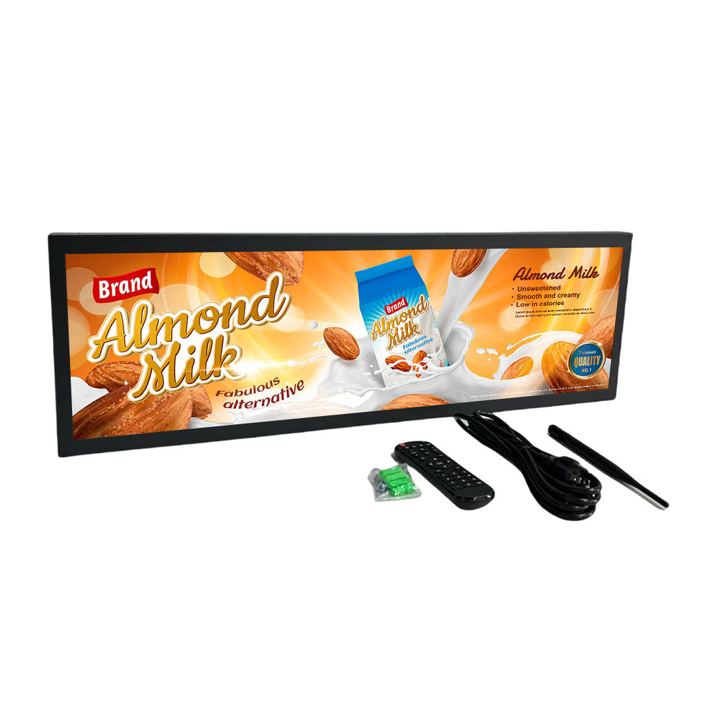 28.6 Inch Ultra-Wide Android LCD Shelf Screen – 698.4×203.7mm Viewable Stretched Bar Display | Optional Touch | Cloud / USB / App Control