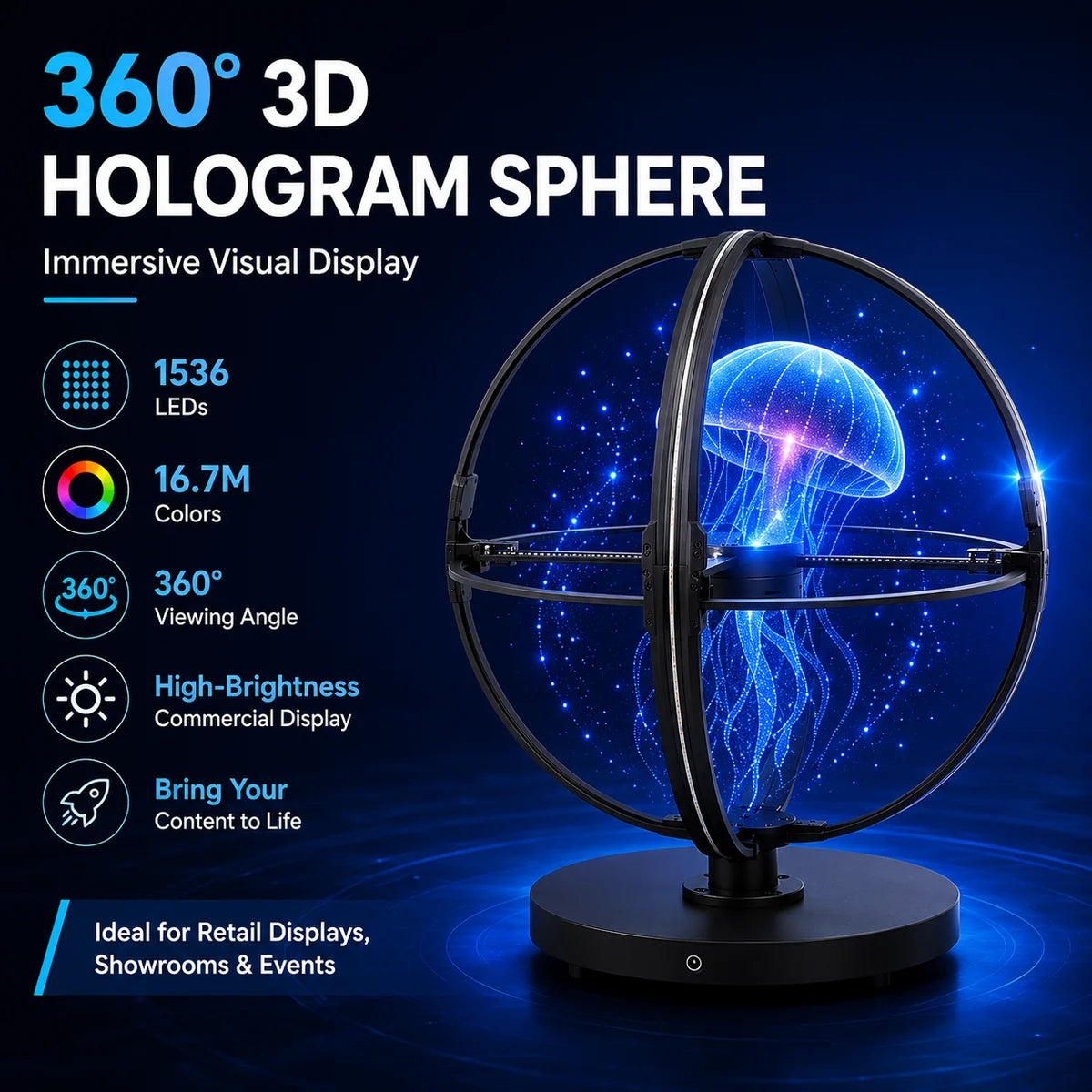 SPHC Series Medium Size 50cm (19.7 inch) | 3D Holographic LED Fan | Fan Only with Base | Business Holographic LED Fan | 4 Blades