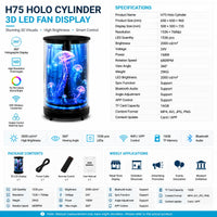 CYLC Series Medium Size 50cm (19.7 inch) | 3D Holographic LED Fan | Transparent Cylindrical Protective Cover with Mobile Base | Professional LED Holographic Fan | 4 Blades