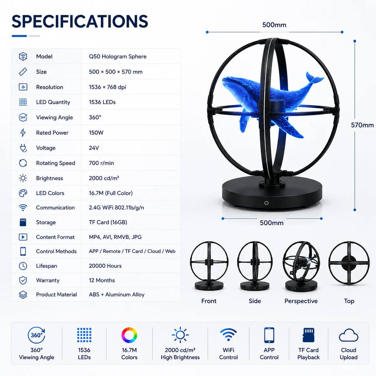 SPHC Series Medium Size 50cm (19.7 inch) | 3D Holographic LED Fan | Fan Only with Base | Business Holographic LED Fan | 4 Blades