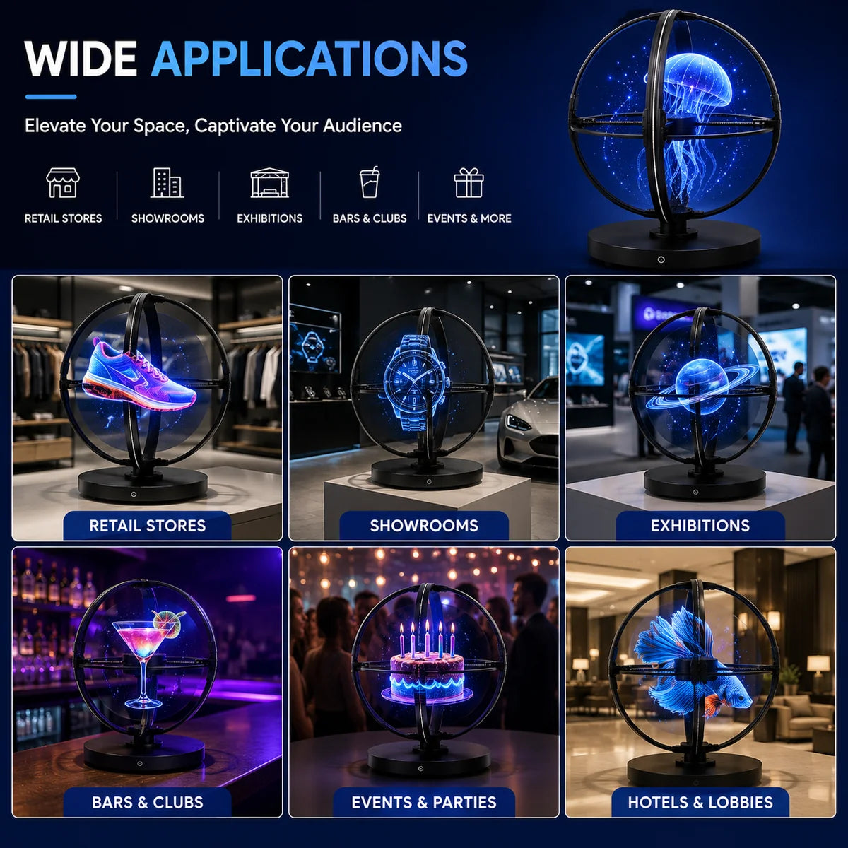 SPHC Series Medium Size 50cm (19.7 inch) | 3D Holographic LED Fan | Fan Only with Base | Business Holographic LED Fan | 4 Blades