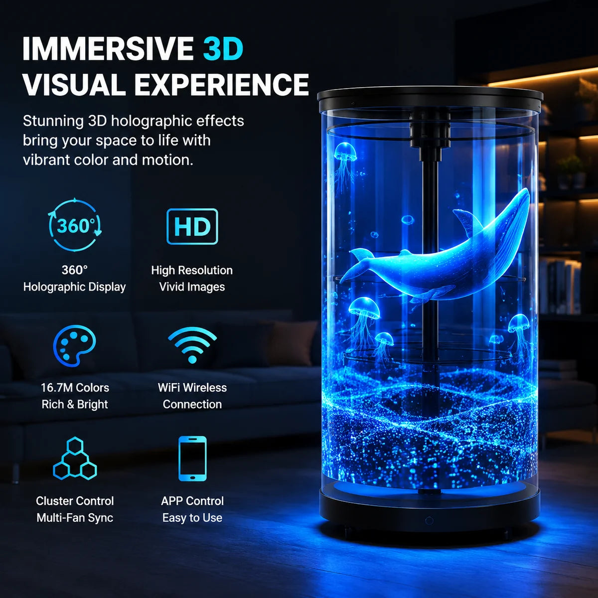CYLC Series Medium Size 50cm (19.7 inch) | 3D Holographic LED Fan | Transparent Cylindrical Protective Cover with Mobile Base | Professional LED Holographic Fan | 4 Blades