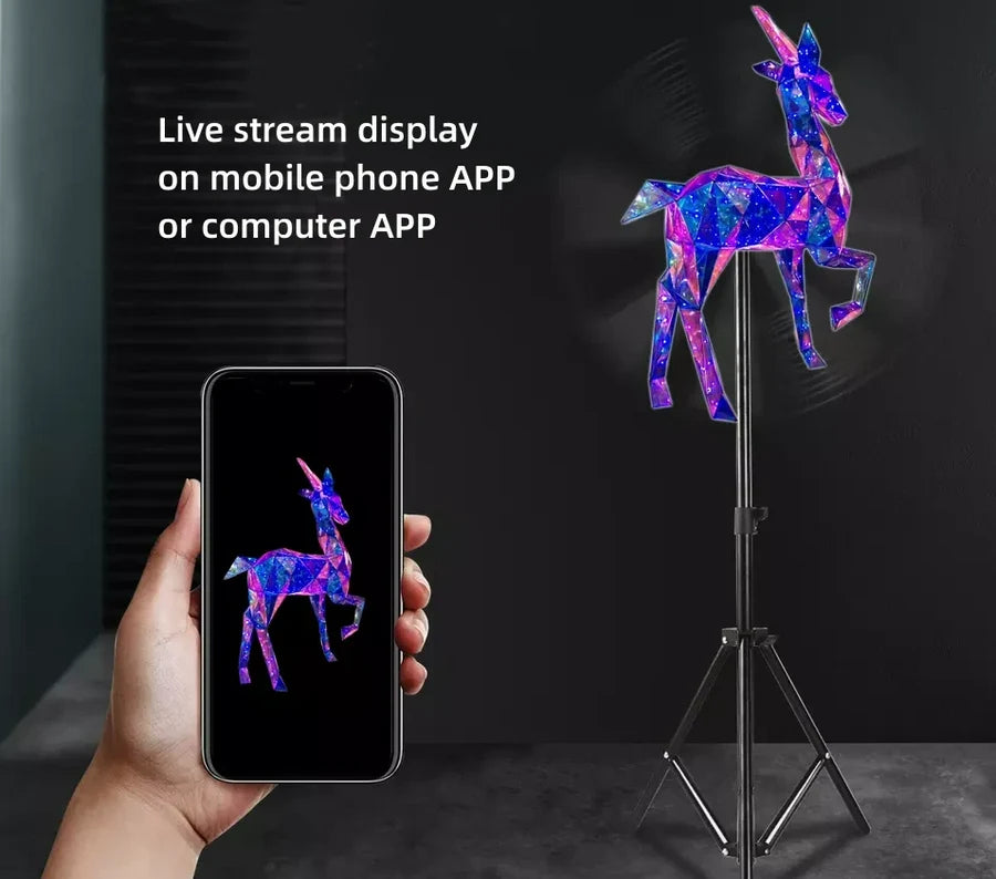 FLA Series Medium Size 70cm to 99cm (27.6–39 inch) | 3D Holographic LED Fan | Fan Only / Tripod Floor Stand / Ceiling Mount | Business Holographic LED Fan | 4 Blades