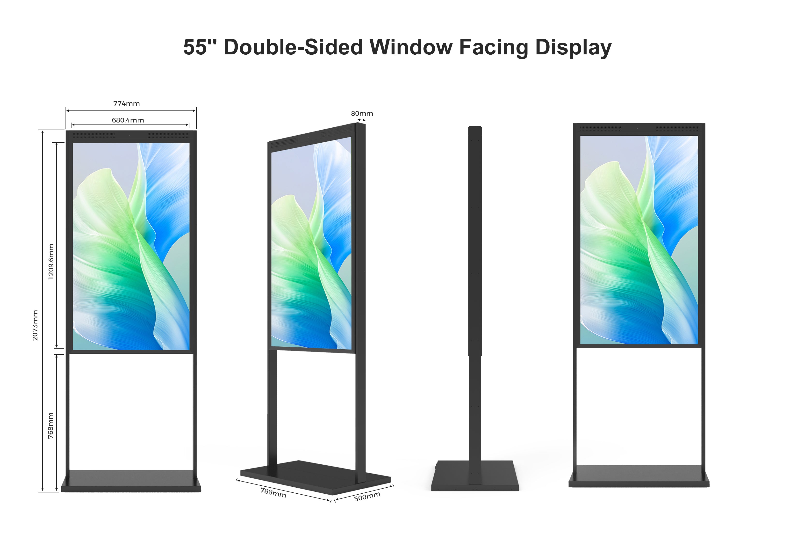 55" Double-Sided High Brightness LCD Window Display, 2500nits Front + 700nits Back, Android 2+32G, Non-Touch, Cloud/APP/USB, Hanging/Floor Stand