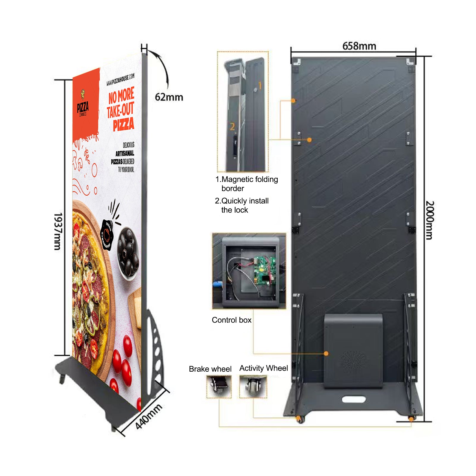 LP-GOB Series LED Poster Sign | 640×1920mm | P1.25 / P1.53 / P1.85 / P2.5 | Indoor Plug-in Display | Flip-Open Magnetic Frame with GOB Surface