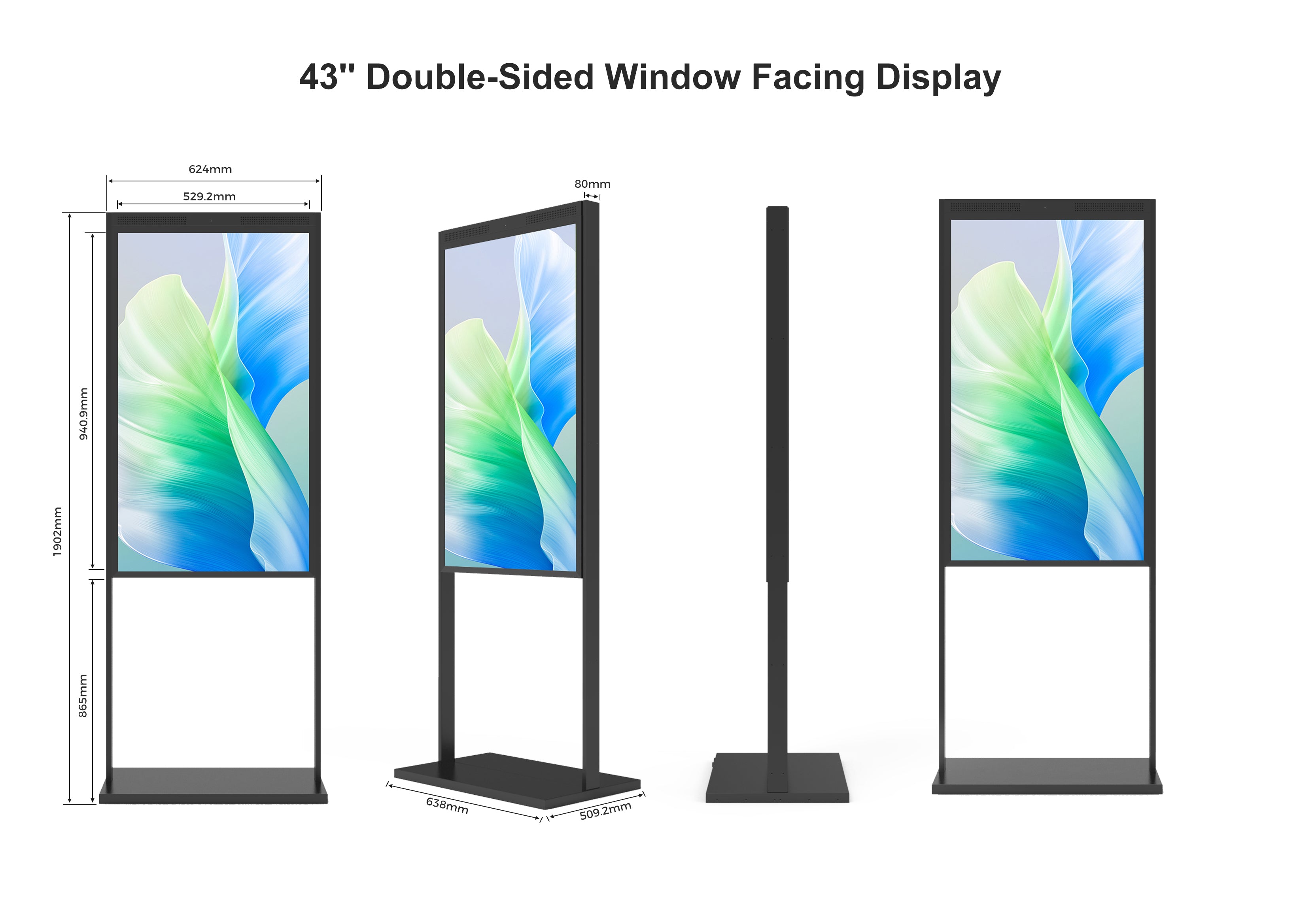 43" Double-Sided High Brightness LCD Window Display, 2500nits Front + 700nits Back, Android 2+32G, Non-Touch, Cloud/APP/USB, Hanging/Floor Stand