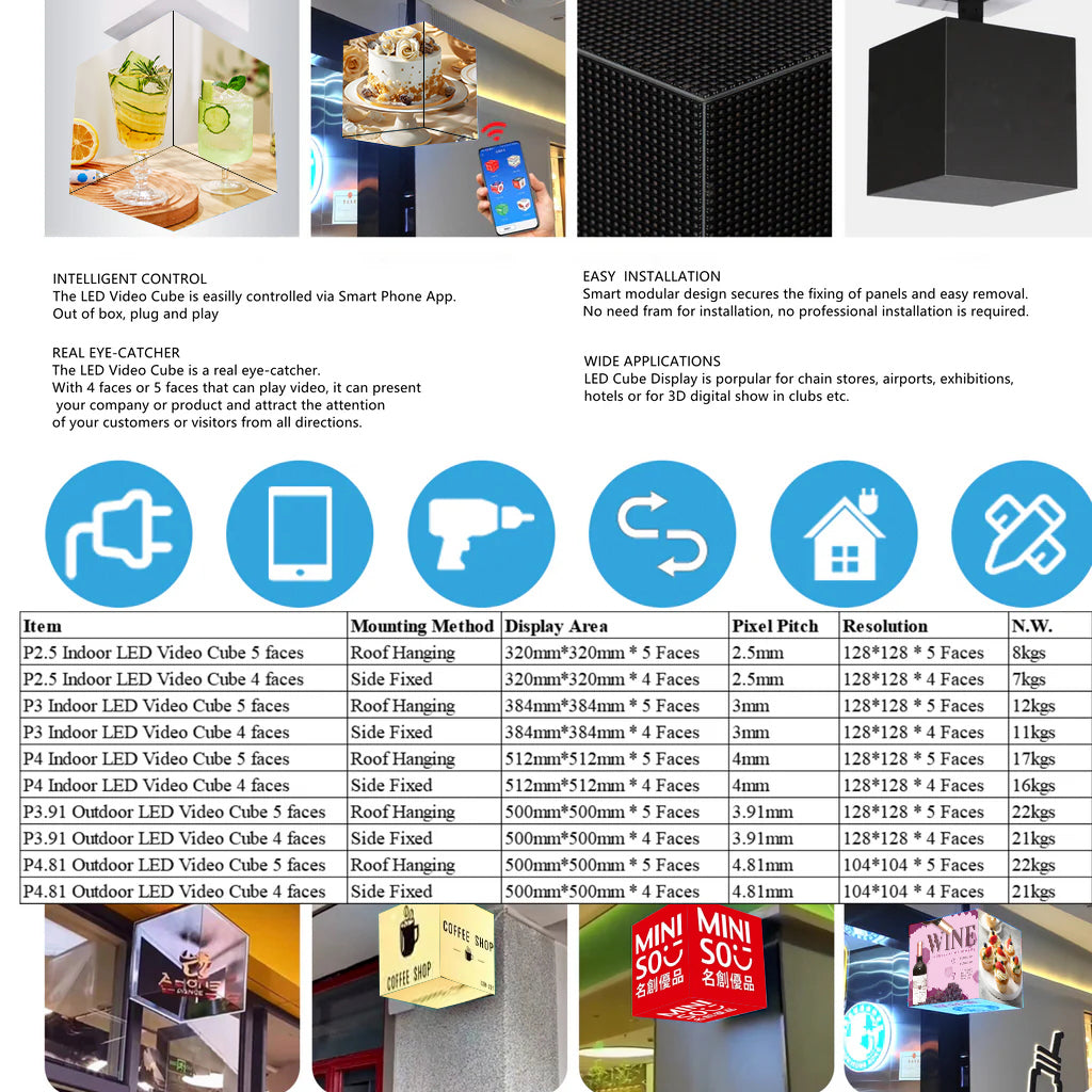 MC Series Multi-Option Magic Cubic LED Display –480 mm |  P2.5 | 5 Face | Outdoor | Display Cube for Retail & Events