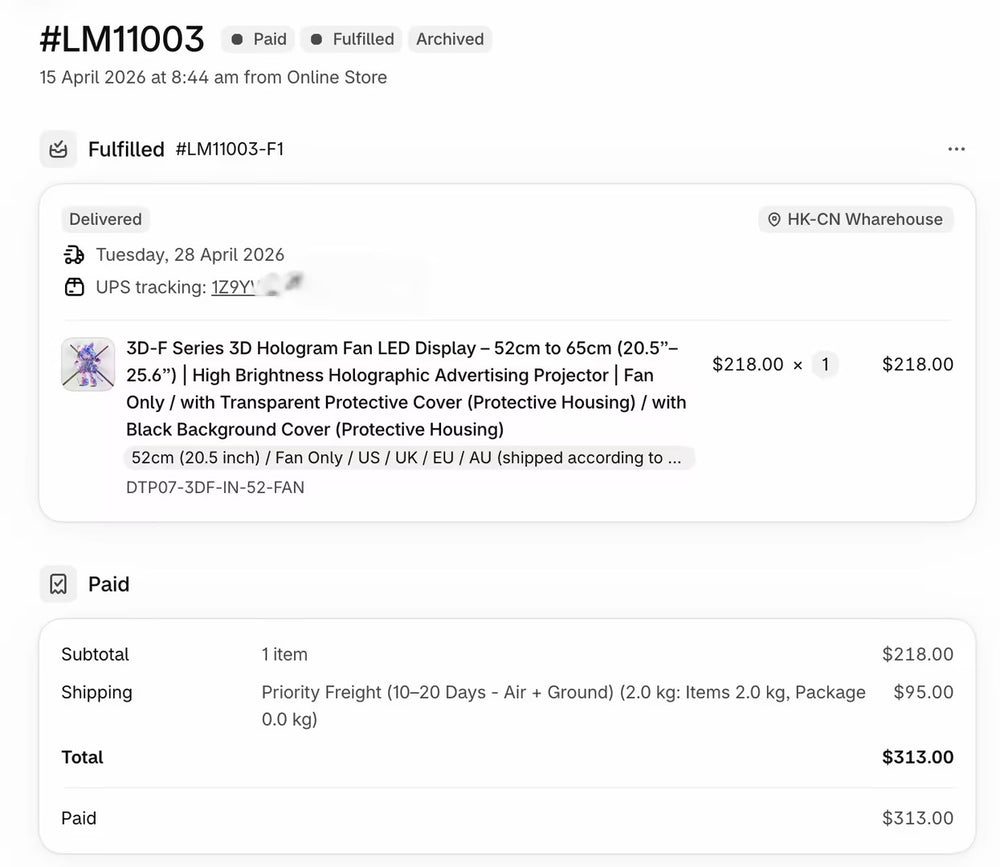 Order screenshot for 52cm 3D Hologram Fan
