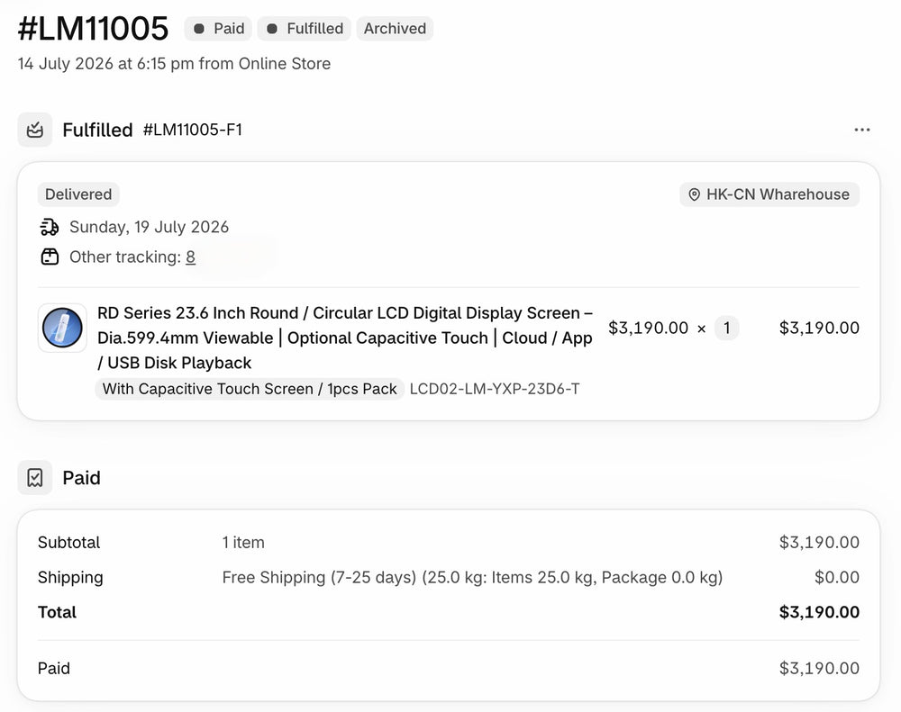 Order screenshot for 23.6-Inch Round LCD Display – Real Customer Order